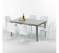 Table rectangulaire en poly rotin avec 6 chaises colorées 150x90 Beige Marion