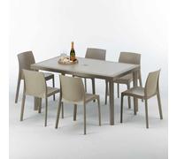 Table rectangulaire en poly rotin avec 6 chaises colorées 150x90 Beige Marion