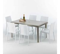 Table rectangulaire en poly rotin avec 6 chaises colorées 150x90 Beige Marion