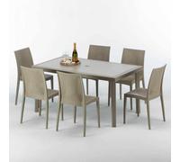 Table rectangulaire en poly rotin avec 6 chaises colorées 150x90 Beige Marion