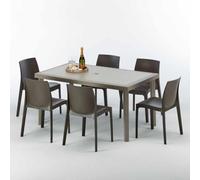 Table rectangulaire en poly rotin avec 6 chaises colorées 150x90 Beige Marion