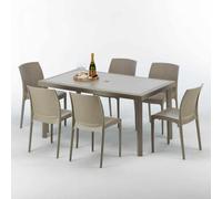 Table rectangulaire en poly rotin avec 6 chaises colorées 150x90 Beige Marion