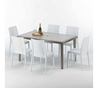 Table rectangulaire en poly rotin avec 6 chaises colorées 150x90 Beige Marion