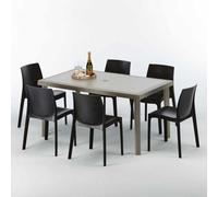 Table rectangulaire en poly rotin avec 6 chaises colorées 150x90 Beige Marion