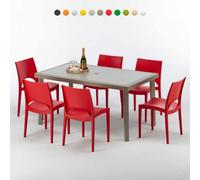 Table rectangulaire en poly rotin avec 6 chaises colorées 150x90 Beige Marion