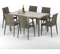 Table rectangulaire en poly rotin avec 6 chaises colorées 150x90 Beige Marion