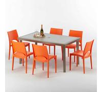 Table rectangulaire en poly rotin avec 6 chaises colorées 150x90 Beige Marion