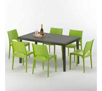 Table rectangulaire en poly rotin avec 6 chaises colorées 150x90 Marron Focus