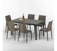 Table rectangulaire en poly rotin avec 6 chaises colorées 150x90 Marron Focus