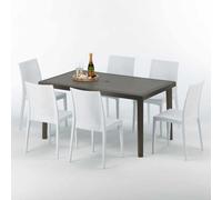 Table rectangulaire en poly rotin avec 6 chaises colorées 150x90 Marron Focus