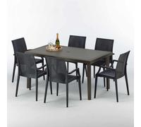 Table rectangulaire en poly rotin avec 6 chaises colorées 150x90 Marron Focus