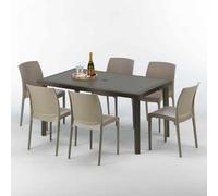Table rectangulaire en poly rotin avec 6 chaises colorées 150x90 Marron Focus