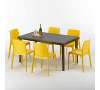 Table rectangulaire en poly rotin avec 6 chaises colorées 150x90 Marron Focus