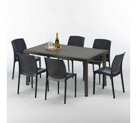 Table rectangulaire en poly rotin avec 6 chaises colorées 150x90 Marron Focus