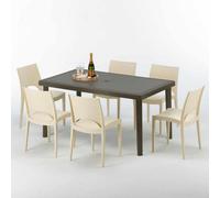 Table rectangulaire en poly rotin avec 6 chaises colorées 150x90 Marron Focus