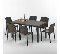Table rectangulaire en poly rotin avec 6 chaises colorées 150x90 Marron Focus