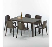 Table rectangulaire en poly rotin avec 6 chaises colorées 150x90 Marron Focus