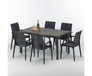 Table rectangulaire en poly rotin avec 6 chaises colorées 150x90 Marron Focus