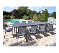 Table Rectangulaire Extensible En Aluminium Aspect Teck Gris Santorin Avec 10 Fauteuils - Jardiline Multicolore