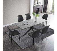Table Rectangulaire Extensible pour 6-8 Personnes, Cadre Métallique, Gain de Place - Inclut 6 Chaise Noires