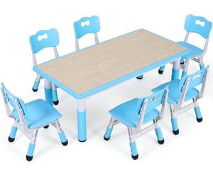 Table rectangulaire pour enfants - Table avec 6 chaises - Réglable en hauteur - Table d'activités et de bricolage multifonctionnelle - 120x60 cm - bleue