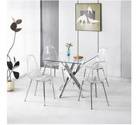 Table repas 5 pièces en verre avec 4 chaises transparentes, structure métallique chromée style moderne JOINERY