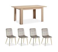Table repas chêne sonoma 120x80 4 chaises velours crème