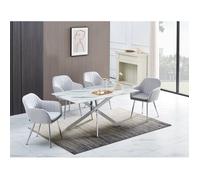 Table Repas JESSICA Chrome et plateau en verre 150 cm 4 à 6 couverts effet marbré blanc