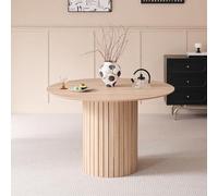 Table ronde, adaptée pour 4 à 6 personnes, diamètre de 120 cm, structure en métal robuste, style rustique, couleur marron clair, dimensions : 120 x 120 x 76 cm