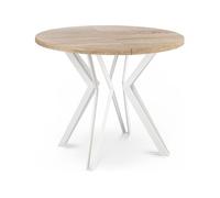 Table Ronde Salle à Manger - 100/176 Cm De Diamètre - Table à Rallonges Avec Pieds En Métal Blanc - Style Industriel - Compacte - Chêne Sonoma