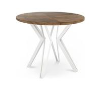 Table Ronde Salle à Manger - 120/196 Cm De Diamètre - Table à Rallonges Avec Pieds En Métal Blanc - Style Industriel - Compacte - Chêne Lefkas