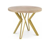 Table Ronde Salle à Manger - 120/196 Cm De Diamètre - Table à Rallonges Avec Pieds En Métal Doré - Style Industriel - Compacte - Chêne Sonoma