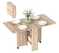 Table š€ manger pliante mobile sur roulettes 2 plateaux rabattables et 2 šŠtagššres intšŠgršŠes 140 x 80 x 74 cm naturel