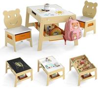 Table Silecomplaza pour enfants avec 2 chaises en forme d'ours, table de dessin 5-en-1 avec plateau réversible et tableau blanc, ensemble de sièges pour enfants avec 4 crochets et des boîtes de rangem