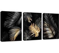 Tableau abstrait feuilles d'or noir sur toile - Décoration murale pour chambre - 40x60cmx3pcs