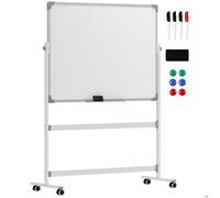 HOMCOM Tableau blanc magnétique double face, tableau blanc effacable rotatif mobile avec support, aimants, marqueurs, gomme et roulettes pour bureau à domicile, salle de lanc