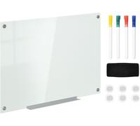 Tableau blanc magnétique 90 x 60 cm avec 4 marqueurs, 6 aimants, 1 éponge et une tablette, chevalet avec panneau en verre pour fixation murale, blanc