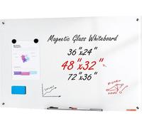 Tableau blanc magnétique en verre, tableau effaçable à sec 1200 x 800 mm, grand tableau blanc en verre sans cadre à fixation murale, avec bac à marqueurs, effaceur et 2 marqueurs, blanc