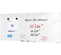 Tableau blanc magnétique en verre, tableau effaçable à sec 72"x36", grand tableau blanc en verre sans cadre à fixation murale, avec bac à marqueurs, effaceur et 2 marqueurs, blanc