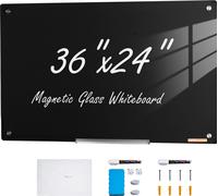 Tableau blanc magnétique en verre VEVOR, Tableau effaçable à sec 90 x 60 cm, Grand tableau blanc mural en verre sans cadre, avec plumier, une gomme et 2 crayons, Tableau magnétique noir