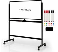 Tableau blanc mobile COSTWAY, 120 x 60 cm, tableau blanc magnétique double face avec support & roulettes, effaçable à sec, tableau blanc réglable avec accessoires pour la maison, le bureau et l'école 