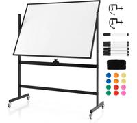 Tableau blanc mobile COSTWAY avec cadre en aluminium, Tableau blanc double face réglable en hauteur et pivotant à 360°, Tableau blanc magnétique avec roulettes 90x120 cm, Tableau magnétique effaçable 