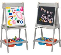 Tableau blanc pour enfants - Chevalet - Double face - Avec rouleau de papier - Boîtes de rangement - Effaceur - 51 × 50 × 108 cm - MDF - Gris