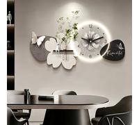 Tableau Décoratif 3D avec Éclairage LED, Horloge Murale Fleur Papillon avec Vase à Plantes, Décoration Murale Moderne en Sculpture de Galets pour Salon, Entrée, Salle Black-B 23.6×47.2 in（60×120 cm ）