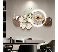 Tableau Décoratif 3D avec Éclairage LED, Horloge Murale Fleur Papillon avec Vase à Plantes, Décoration Murale Moderne en Sculpture de Galets pour Salon, Entrée, Salle à Gold-A 15.7×31.5 in（40×80 cm ）