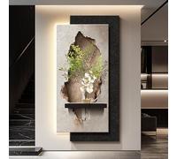 Tableau décoratif d'entrée en grès avec lumière LED, décoration Murale Abstraite 3D à Effet LED, fresque Lumineuse en Relief, Sculpture Murale avec Vase et Fausses Plantes (Style 4 60x120cm/