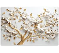 Tableau Décoration Murale 3D Fleur - 45x30 cm - Motif floral - Peinture sur toile - arbre doré à fleurs blanches - Feeby