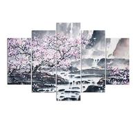 Tableau Décoration Murale 5 Panneaux cerisier en fleurs rose 100x150 cm Impression sur Toile Japon Cascade pour la Maison Salon