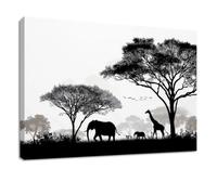 Tableau Decoration Murale Animal - Impression sur Toile avec Cadre en Bois 40 x 30 cm, Blanc Éléphant Girafe Savane Arbre - Peinture Décoration Murale Horizontale pour Salon, Chambre, Cuisine