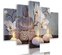 Tableau Décoration Murale Bouddha Orchidées Zen 5 Panneaux 200x100 cm XXL Impression sur Toile intissee pour la Maison Salon